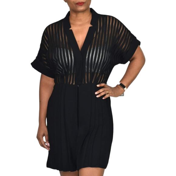 Kay Unger Romper Black Pleated Short Mesh Tailored Sheer Striped Wide Leg Size 6 - Picture 8 of 16